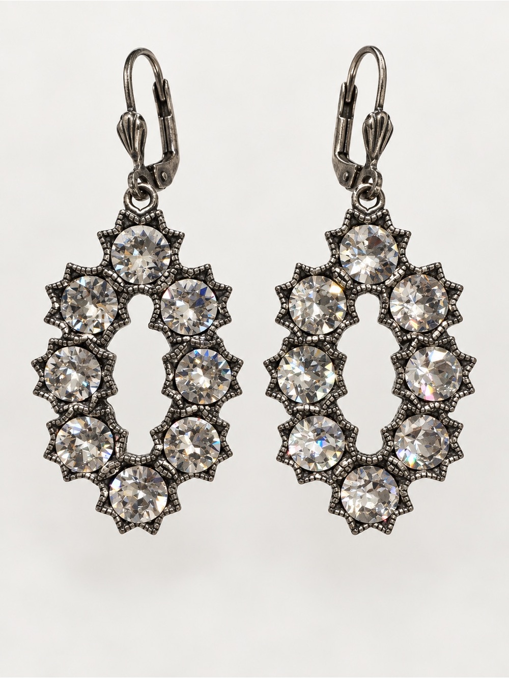 Vintage-Inspired Clear Crystal Oval Drop Earrings – Antiqued Silver